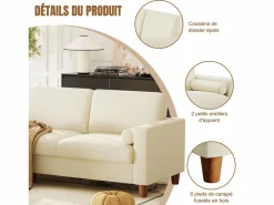 DripeX Sofá 3 plazas en skai, con otomana y 2 cojines redondos, estructura de madera, 234x155x88cm,