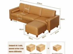 Clearance DripeX Sofá 3 plazas en skai, con otomana y 2 cojines redondos, estructura de madera, 234x155x88cm, Naranja
