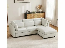 DripeX Sofá 3 plazas en tejido de lino, con pouf, 3 cojines lumbares y 2 cojines, 220x83x81cm,