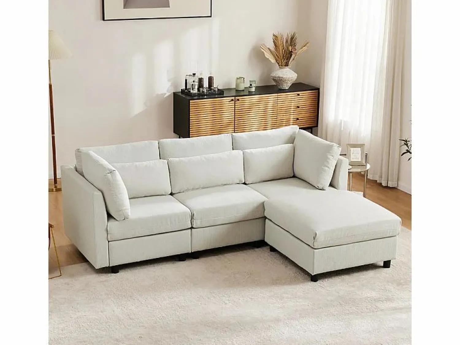 DripeX Sofá 3 plazas en tejido de lino, con pouf, 3 cojines lumbares y 2 cojines, 220x83x81cm,