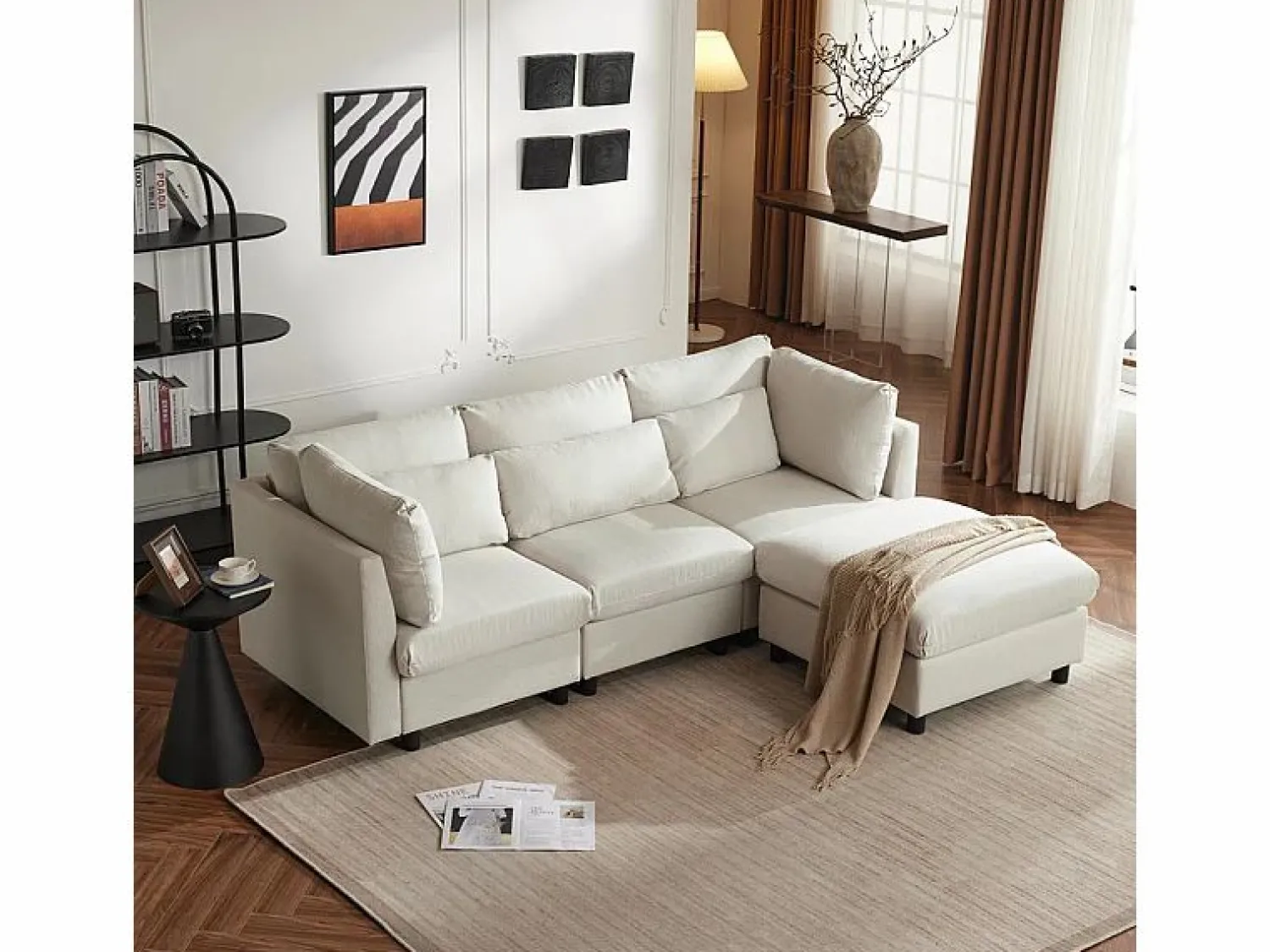 DripeX Sofá 3 plazas en tejido de lino, con pouf, 3 cojines lumbares y 2 cojines, 220x83x81cm,