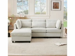 DripeX Sofá 3 plazas en tejido de lino, con pouf, 3 cojines lumbares y 2 cojines, 220x83x81cm,
