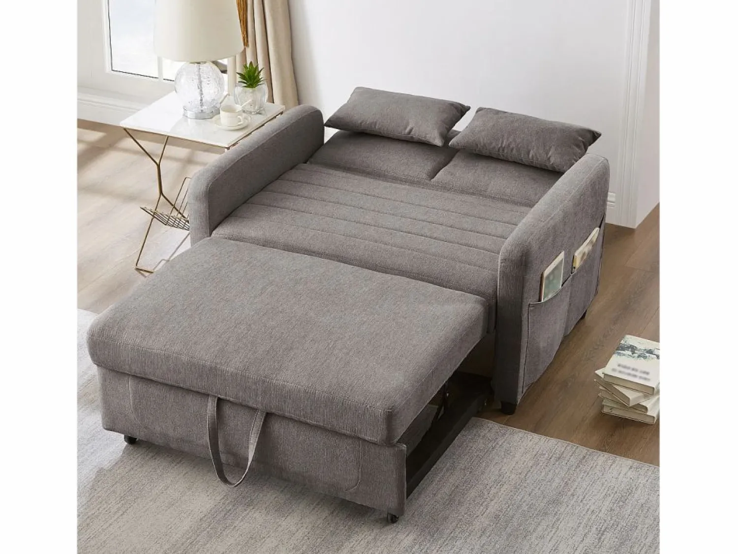 Outlet Sofá 2 plazas - Sofá lounge con función extraíble y dos cojines - Respaldo regulable - Tejido de algodón y lino Gris