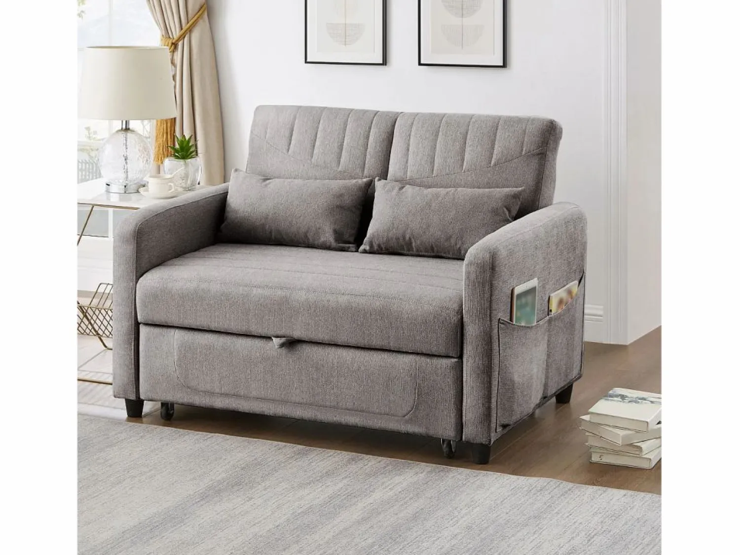 Outlet Sofá 2 plazas - Sofá lounge con función extraíble y dos cojines - Respaldo regulable - Tejido de algodón y lino Gris