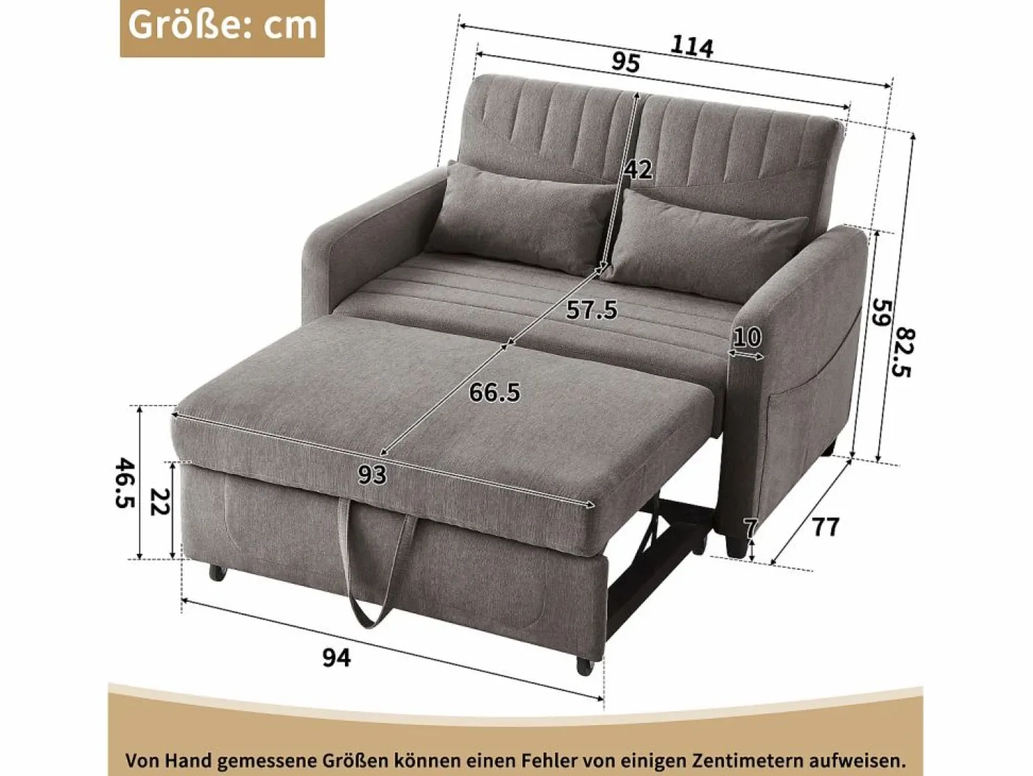 Outlet Sofá 2 plazas - Sofá lounge con función extraíble y dos cojines - Respaldo regulable - Tejido de algodón y lino Gris