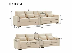 DripeX Sofá 4 plazas moderno de lino - con USB y portavasos - 4 cojines - 290x83x88cm -