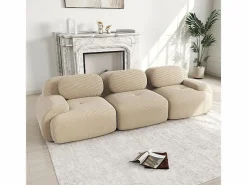 Sofá 3 Plazas Modular de Pana Acanalada - con 3 Cojines - 298x103x75cm - Beige