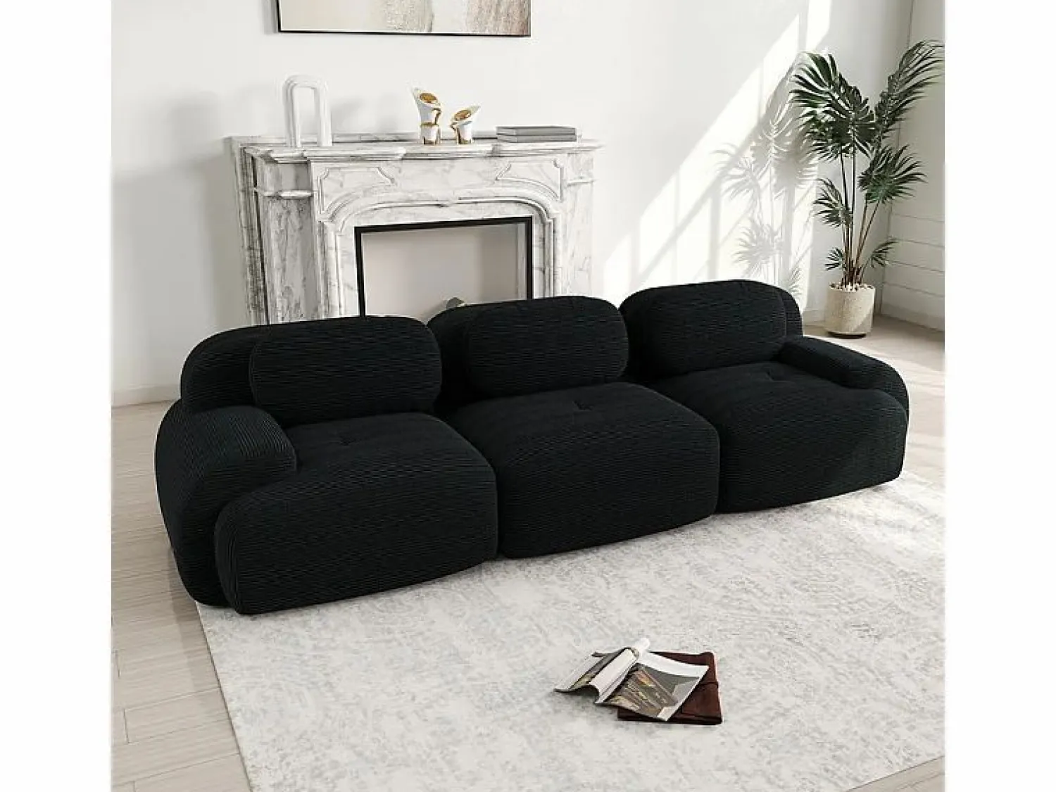 Online Sofá 3 Plazas Modular de Pana Acanalada - con 3 Cojines - 298x103x75cm - Negro
