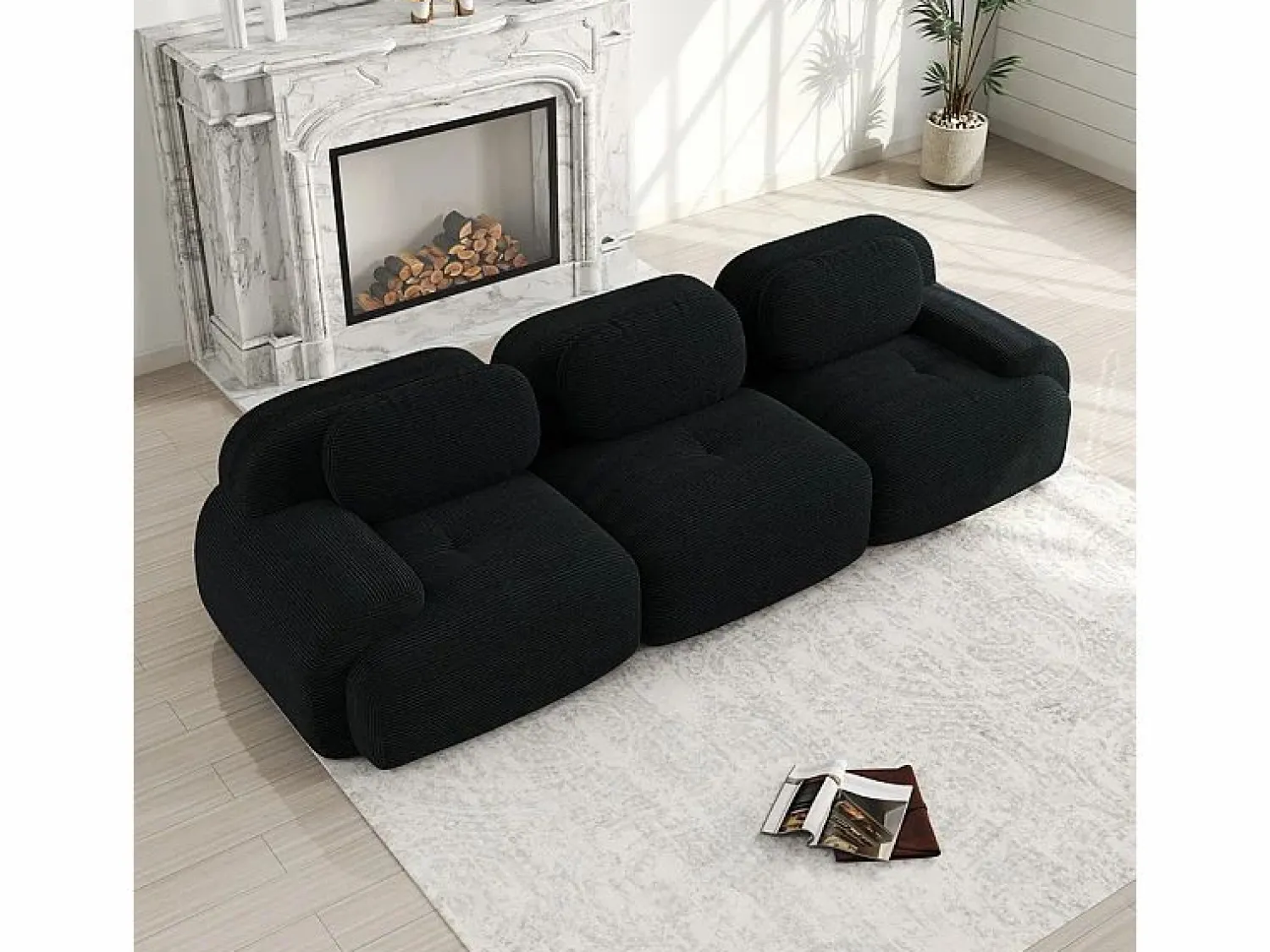 Online Sofá 3 Plazas Modular de Pana Acanalada - con 3 Cojines - 298x103x75cm - Negro
