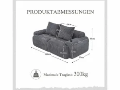 Discount DripeX Sofá 2 plazas modular terciopelo acanalado, portavasos y bolsillo lateral, 200x99x80cm, Gris antracita