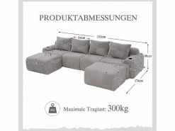 DripeX Sofá 4 plazas ángulo modular terciopelo acanalado, 2 pufs y 4 cojines, 333x174x80cm,
