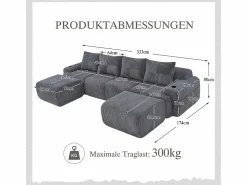DripeX Sofá 4 plazas ángulo modular terciopelo acanalado, 2 pufs y 4 cojines, 333x174x80cm,