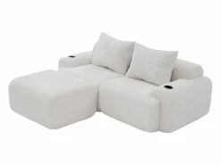 DripeX Sofá 2 plazas ángulo modular terciopelo acanalado, puf, portavasos y bolsillo, 200x174x80cm,