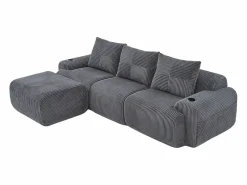 DripeX Sofá 3 plazas ángulo modular terciopelo acanalado, puf, portavasos y bolsillo, 268x174x80cm,