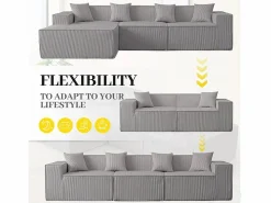 DripeX Sofá 3 plazas ángulo modular - Terciopelo acanalado - puf y 4 orejeros - 277x165.5x65.5cm