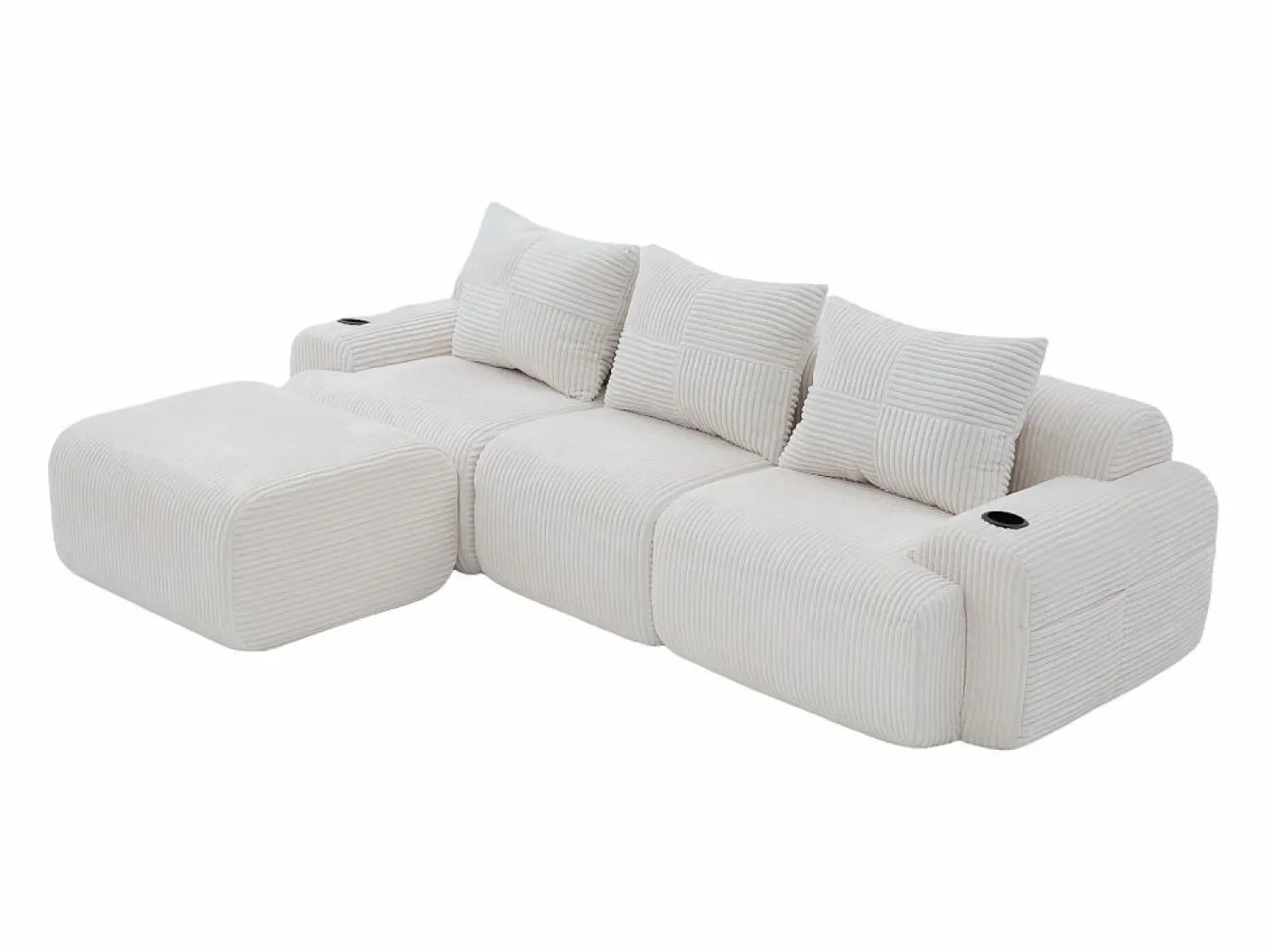 Sale Sofá 3 plazas ángulo modular terciopelo acanalado, puf, portavasos y bolsillo, 268x174x80cm, Sofás Club