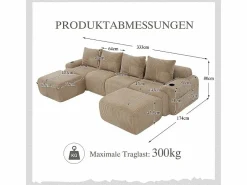 Sale Sofá 4 plazas ángulo modular terciopelo acanalado, 2 pufs y 4 cojines, 333x174x80cm, Sofás Club