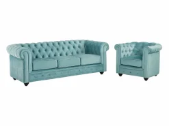 Vente-unique Sofá 3 plazas y sillón de terciopelo azul CHESTERFIELD Azul celeste