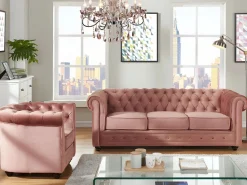 Vente-unique Sofá 3 plazas y sillón de terciopelo rosa CHESTERFIELD