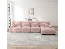 Best DripeX Sofá angular 4 plazas de tejido Chenilla, con 6 cojines, otomana extraíble, combinación DIY, 406x145x81cm, Rosa Gris