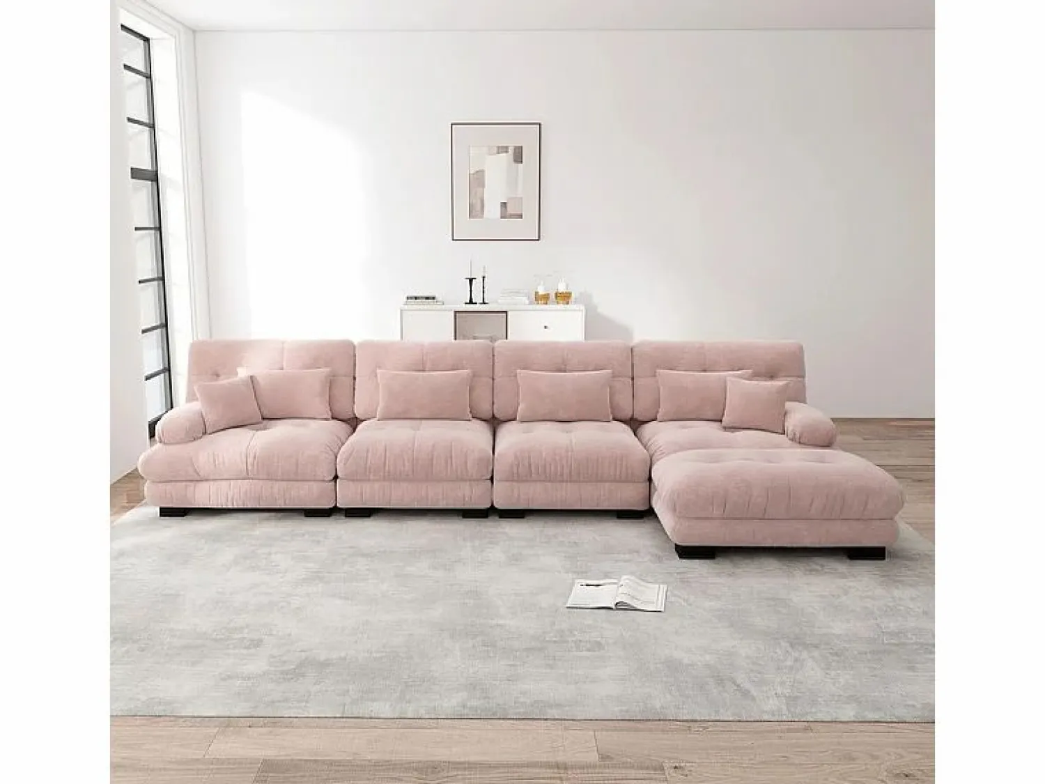 Best DripeX Sofá angular 4 plazas de tejido Chenilla, con 6 cojines, otomana extraíble, combinación DIY, 406x145x81cm, Rosa Gris