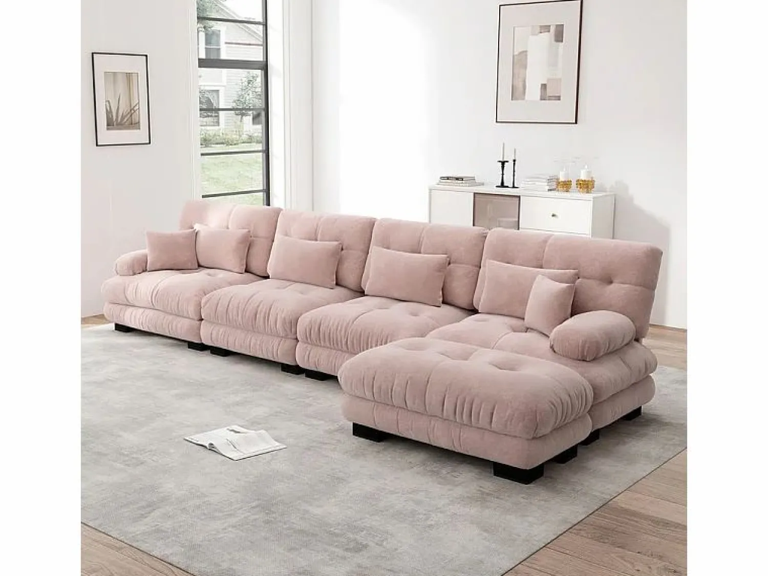Best DripeX Sofá angular 4 plazas de tejido Chenilla, con 6 cojines, otomana extraíble, combinación DIY, 406x145x81cm, Rosa Gris
