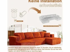New DripeX Sofá angular panorámico - Terciopelo acanalado - 4 cojines, 2 orejeros, 2 chaises - 332x156x88cm Naranja