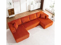 New DripeX Sofá angular panorámico - Terciopelo acanalado - 4 cojines, 2 orejeros, 2 chaises - 332x156x88cm Naranja