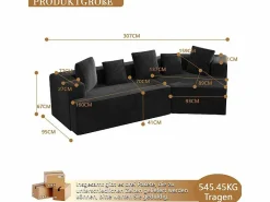 Sale DripeX Sofá angular recto modular 307cm - de Pana de canalé grueso - 3 plazas - con 5 cojines - Negro