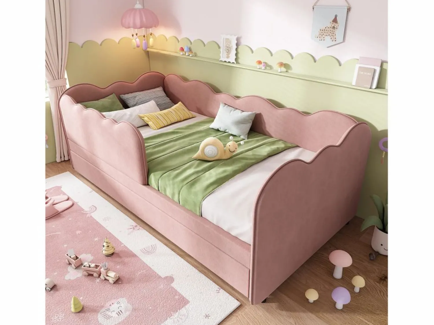 ModernLuxe Sofá cama 90×190 cm - con cama nido 90×190 cm - decoración de olas - con somier de láminas - Terciopelo - (sin colchón)