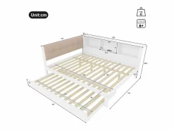 ModernLuxe Sofá cama 140×200 cm - con cama nido - con tira LED luminosa - con puerto USB - (colchón no incluido) Blanco