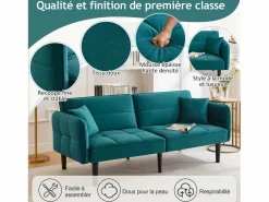 Outlet Sofá cama 2 en 1 regulable - Respaldo regulable - Patas de sofá de madera y cojines incluidos - Terciopelo - 176 x 78 x 76 cm - Sofá Vintage