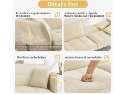 Discount Sofá cama 2 en 1 regulable - Respaldo regulable - Patas de madera y cojines incluidos - Terciopelo - 176 x 78 x 76 cm - Beige Blanco roto