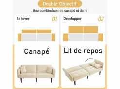 Discount Sofá cama 2 en 1 regulable - Respaldo regulable - Patas de madera y cojines incluidos - Terciopelo - 176 x 78 x 76 cm - Beige Blanco roto
