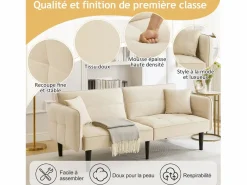 Discount Sofá cama 2 en 1 regulable - Respaldo regulable - Patas de madera y cojines incluidos - Terciopelo - 176 x 78 x 76 cm - Beige Blanco roto