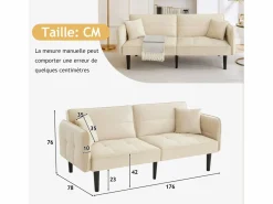 Discount Sofá cama 2 en 1 regulable - Respaldo regulable - Patas de madera y cojines incluidos - Terciopelo - 176 x 78 x 76 cm - Beige Blanco roto