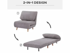 Sofá cama 2 en 1, respaldo regulable, colchón plegable, madera, (82x89x83cm)
