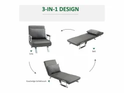 Sofá cama 3 en 1, sillón convertible en cama, colchón plegable, chaise longue en polipiel (65x69x80 cm)