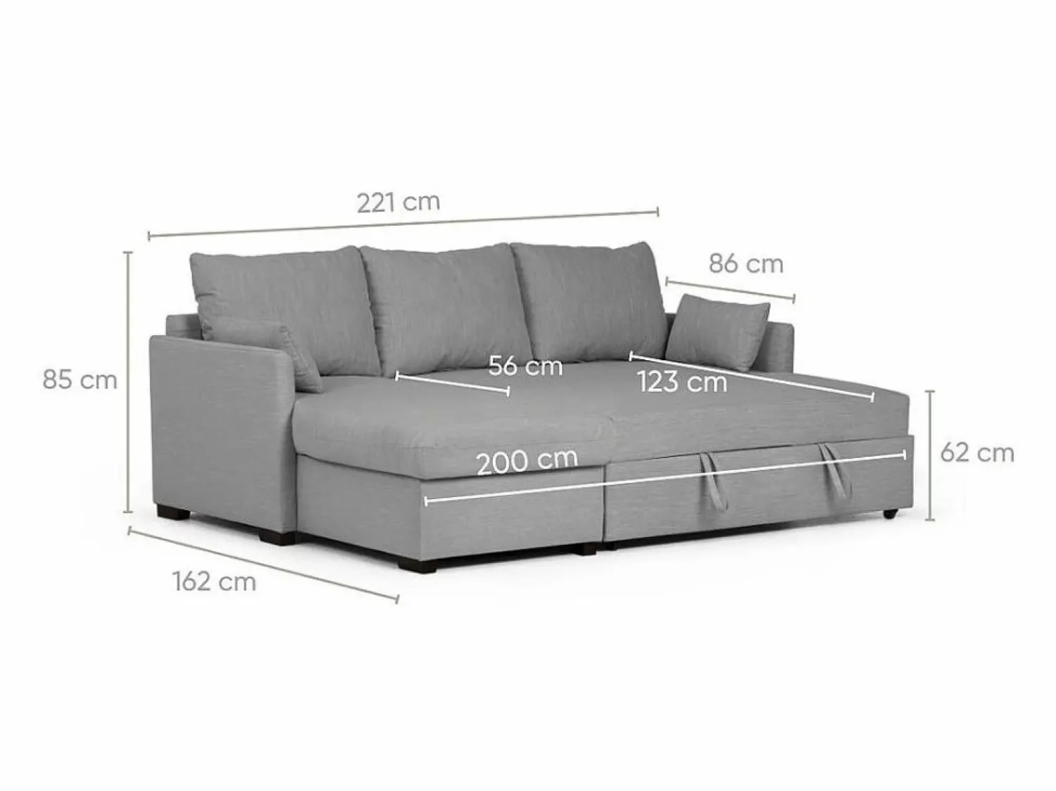 Sofá Cama 3 Plazas - Chaise Longue Reversible Derecha/Izquierda con Almacenamiento Integrado (221 x 162 x 85 cm) - ORLANDO