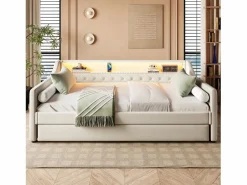 Hot Sofá cama 90 x 200 cm - con iluminación LED - con cama nido - con USB - lino - con somier de láminas - ​​​ Cama Diván