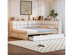 Clearance Sofá cama 140 x 200 cm, cama multifuncional con respaldo mullido y grandes cajones de almacenamiento, estructura de pino, color natural Cama Diván