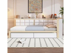 Clearance Sofá cama 140 x 200 cm, cama multifuncional con respaldo mullido y grandes cajones de almacenamiento, estructura de pino, color natural Cama Diván