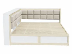 Clearance Sofá cama 140 x 200 cm, cama multifuncional con respaldo mullido y grandes cajones de almacenamiento, estructura de pino, color natural Cama Diván