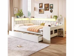 ModernLuxe Sofá cama acolchado 140x200 cm - con puertos USB y LED - con escritorio y 2 cajones - (sin colchón)