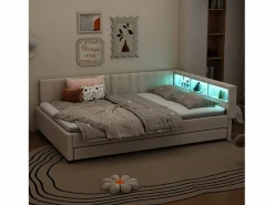 Best Sofá cama adulto 140x200cm lino con cama nido 90x190cm, LED y USB, somier de láminas, sin colchón Cama Nido