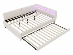 Best Sofá cama adulto 140x200cm lino con cama nido 90x190cm, LED y USB, somier de láminas, sin colchón Cama Nido