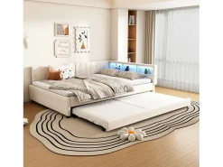Best Sofá cama adulto 140x200cm lino con cama nido 90x190cm, LED y USB, somier de láminas, sin colchón Cama Nido