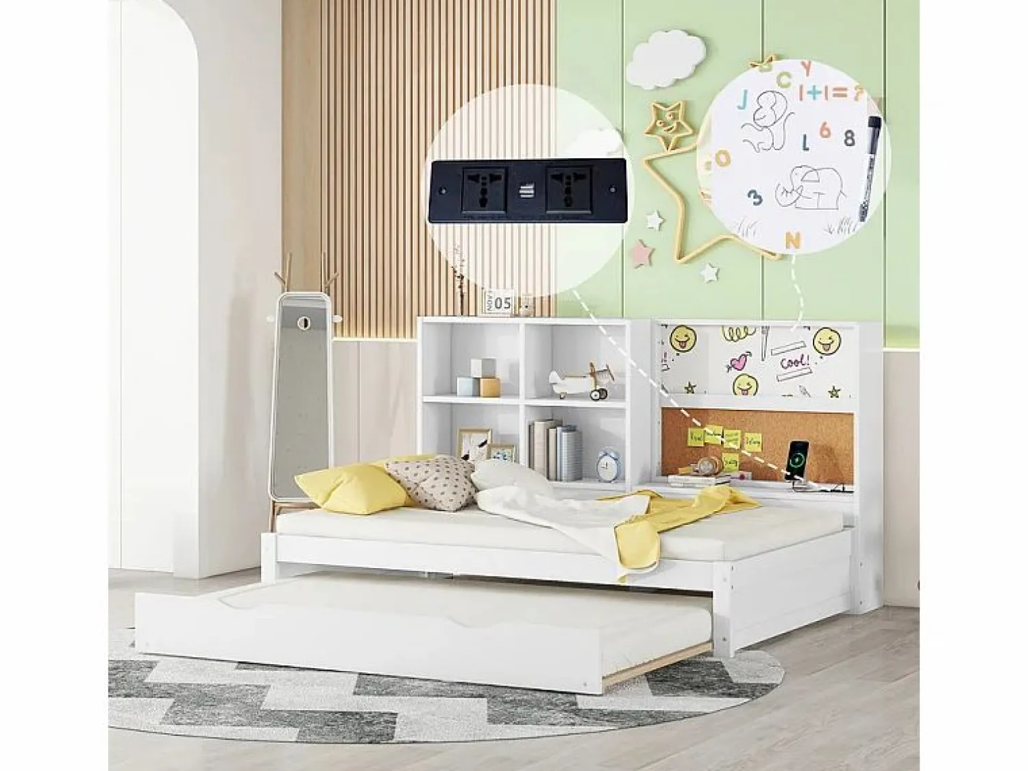 Online Sofá cama con cama nido - 90x200 cm - con tablero de dibujo y compartimentos de almacenamiento - Blanco Cama Nido