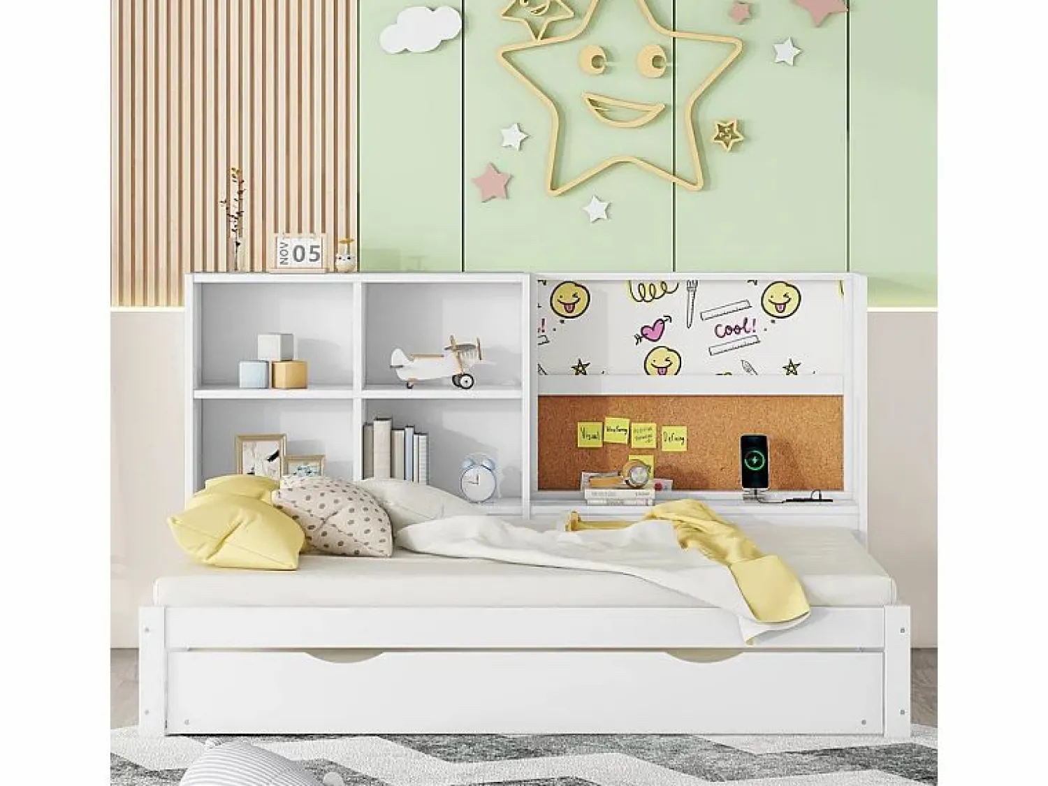 Online Sofá cama con cama nido - 90x200 cm - con tablero de dibujo y compartimentos de almacenamiento - Blanco Cama Nido