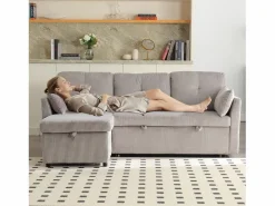 Clearance Sofá cama con chaiselongue intercambiable y bolsillos laterales cojines incluidos diseño moderno pana para salón(Sin colchón) Gris claro